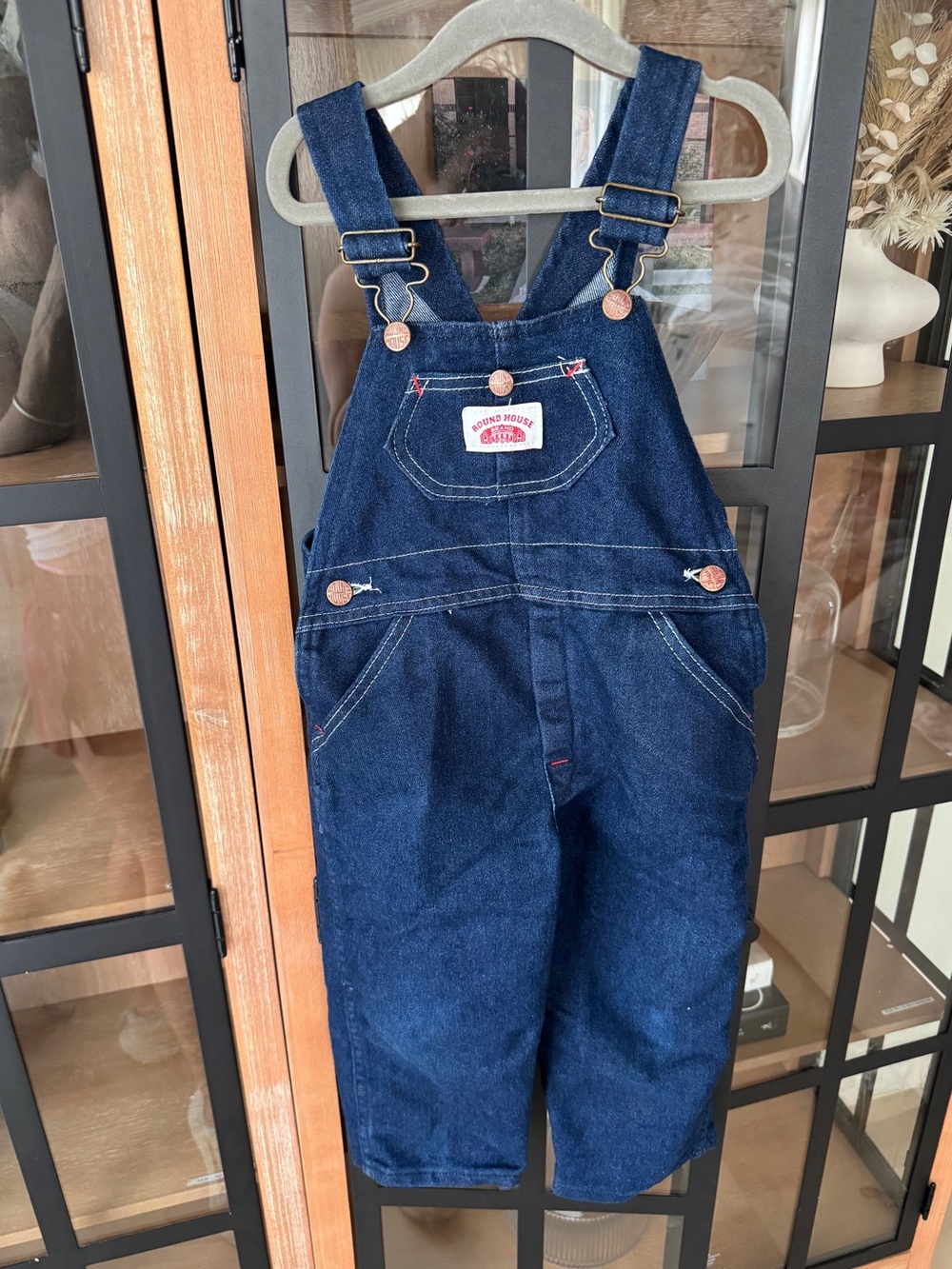 Vintage Round House overalls denim toddler unisex boys dark wash patch